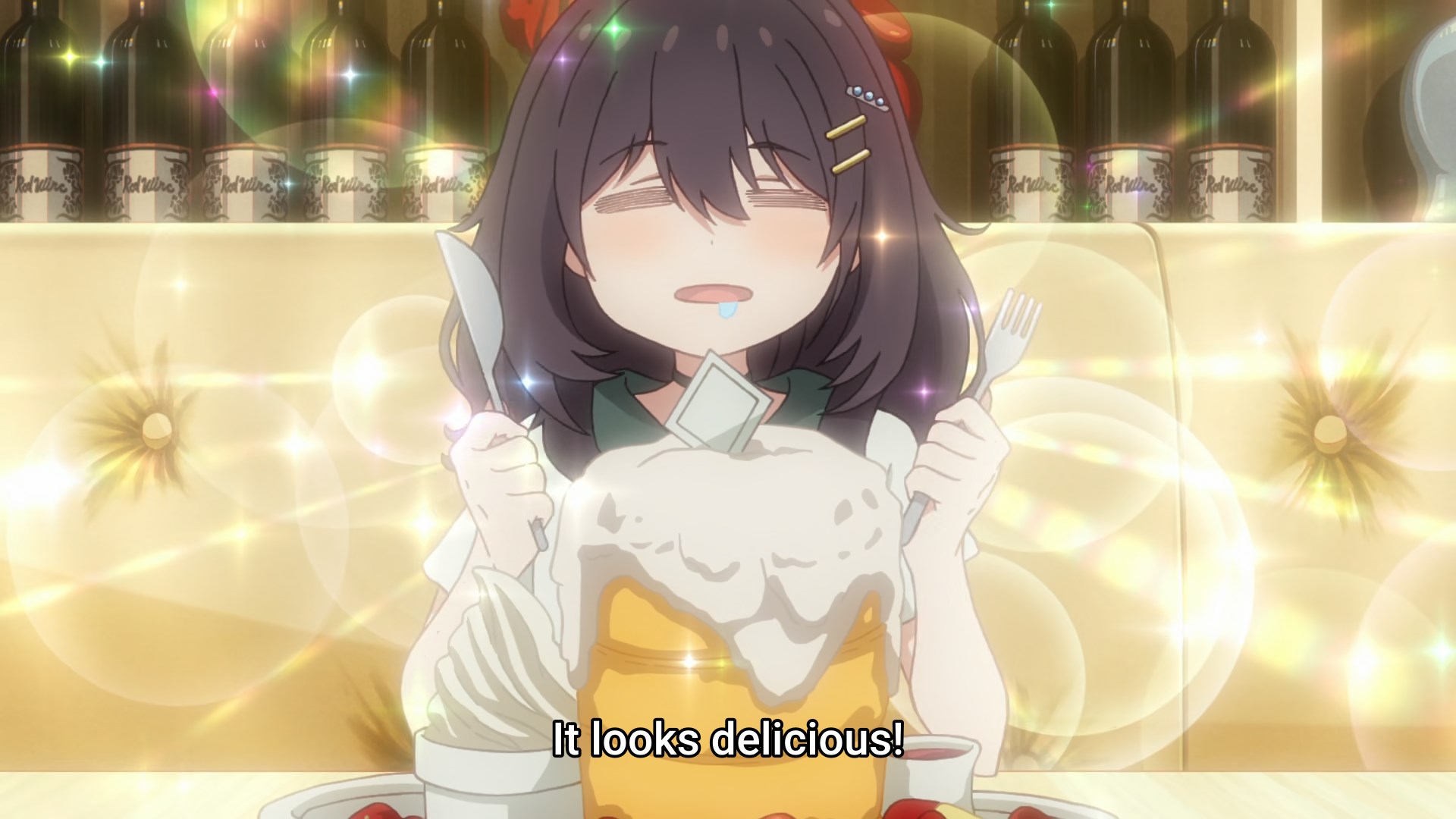 An anime girl, knife and fork in hand, drooling as she looks down at a stack of fluffy pancakes as big as her head, covered in cream and with an ice cream cone on the side, saying it looks delicious.
